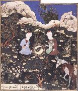 unknow artist Elijah and khizr as mirror images,near the fount of life where their twin fish have resuscitated